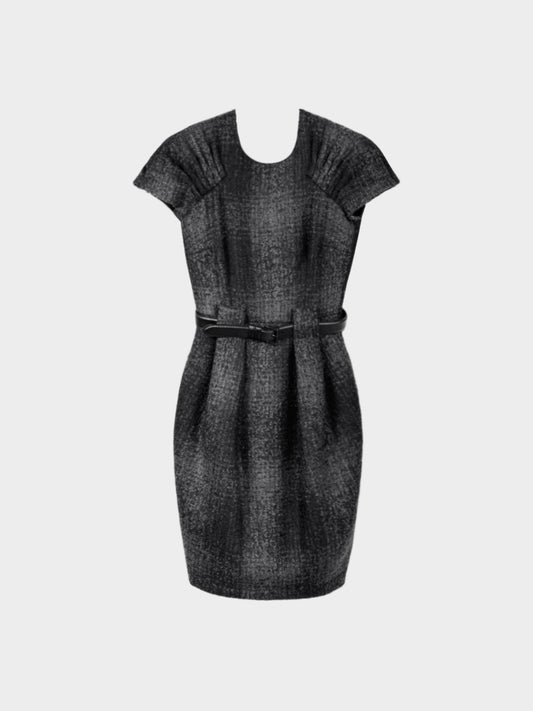 Prada 2009 Grey Tweed Belted Cap-Sleeve Dress