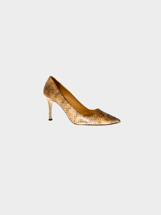 Manolo Blahnik 2000s Snake Skin Brown Beige Pump Heels