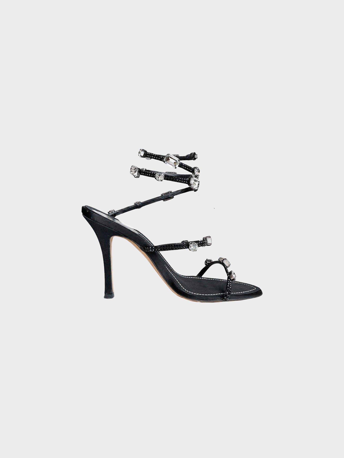 René Caovilla 2010s Black Satin Jeweled Heels