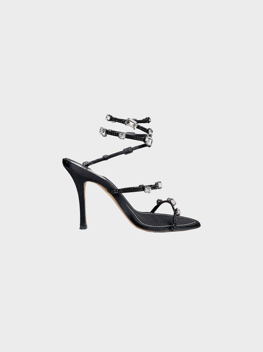 René Caovilla 2010s Black Satin Jeweled Heels