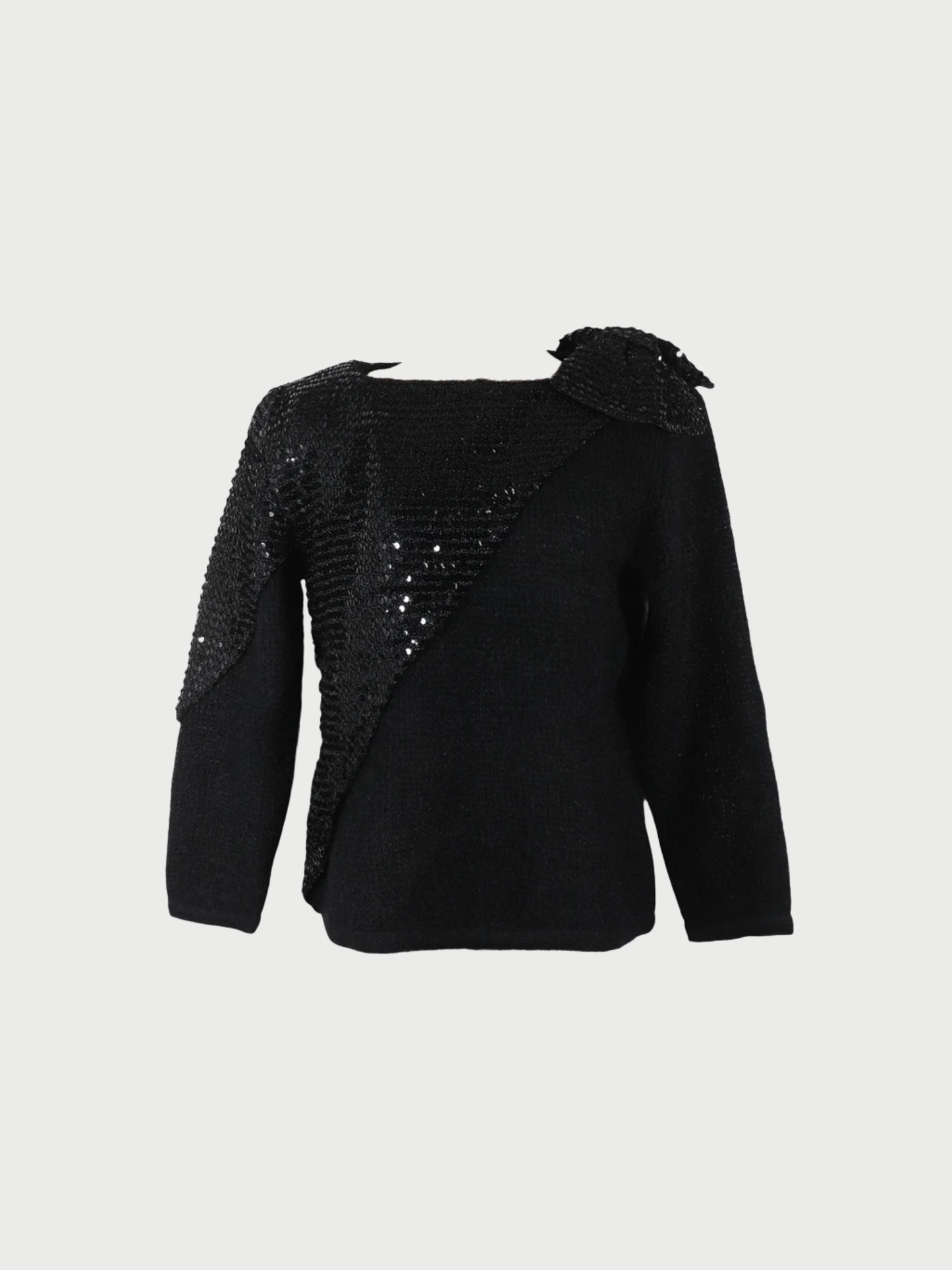 Christian Dior 1990s Black Wool Sequin Shoulder Ribbon Sweater