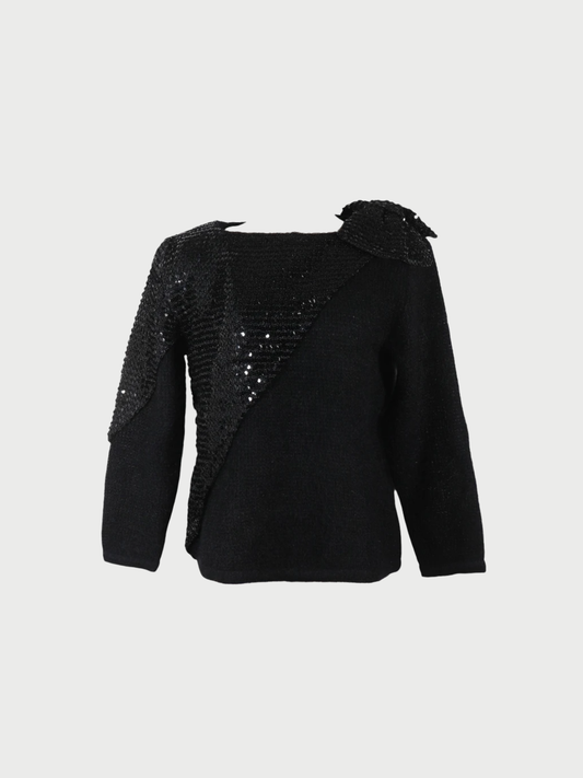 Christian Dior 1990s Black Wool Sequin Shoulder Ribbon Sweater