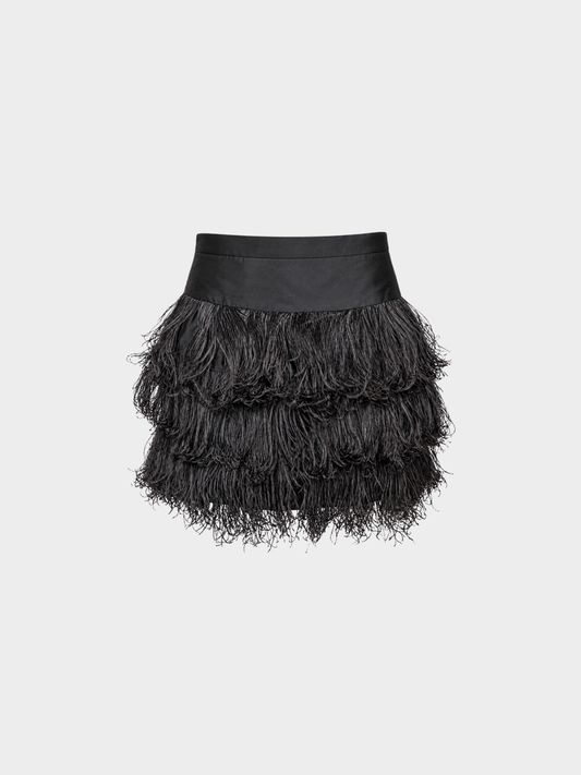 Moschino 2010s Black Ostrich Feather Tiered Silk Mini Skirt