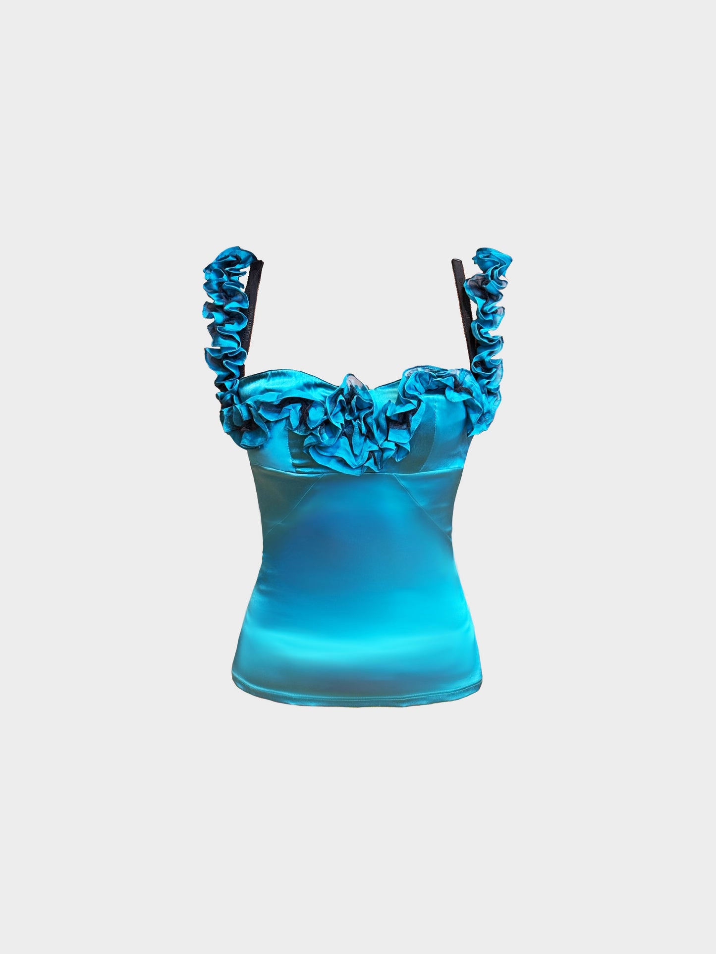 Roberto Cavalli 2000s Blue Silk Satin Ruffled-detail Bustier Top