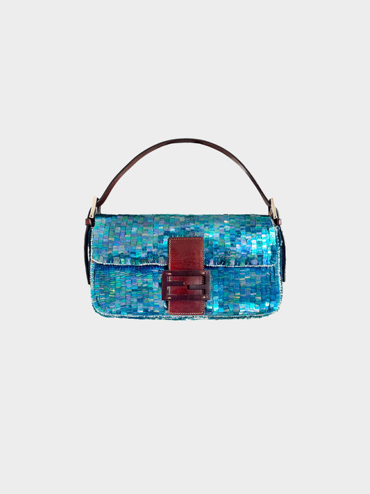 Fendi 1990s Blue Sequin and Brown Leather Baguette Bag