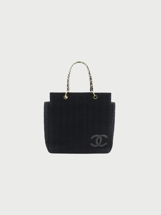 Chanel 2000s Black Jersey Chocolate Bar Chain Tote Bag