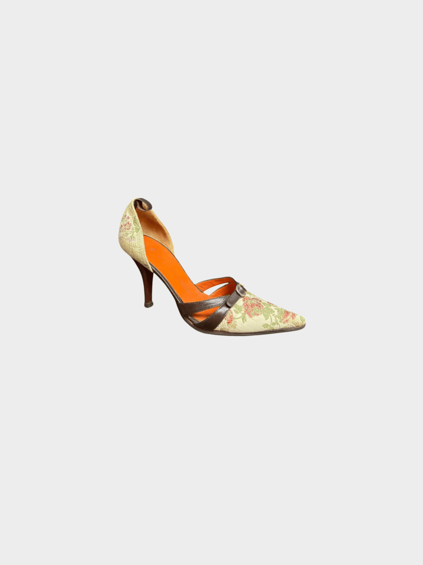Giuseppe Zanotti 2000s Floral Canvas Brown Leather Buckle Heels