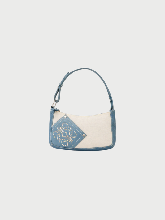 Loewe 2000s White Blue Canvas Leather Anagram Studded Shoulder Bag