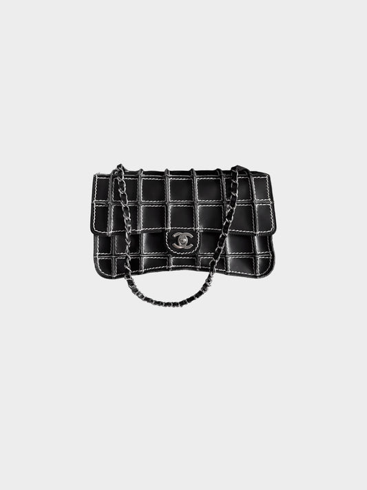 Chanel 2002-2003 Black Lambskin Square Wild Stitch Flap