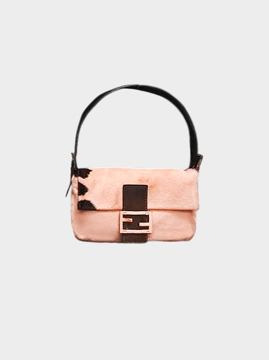 Fendi 2000s Pink and Brown Pony Hair Cow Print Baguette
