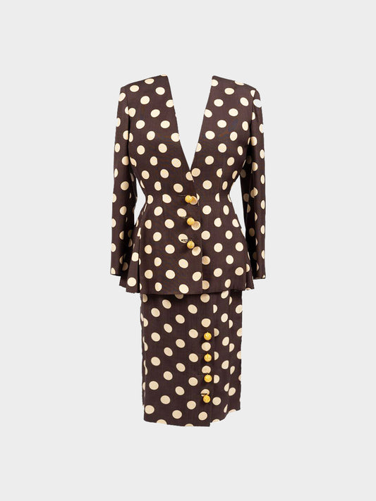 Valentino 1990s Brown and Cream Polka Dot Pleated Jacket and Skirt Set