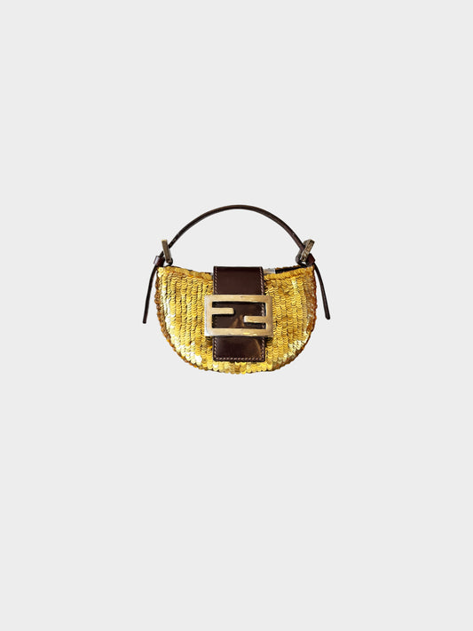 Fendi 2000s Gold Sequins and Brown Leather Mini Croissant Bag