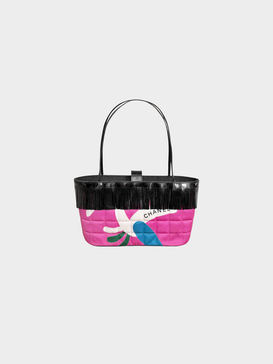 Chanel 1997-1999 Pink and Black Chocolate Bar Quilted and Fringed Tote Bag