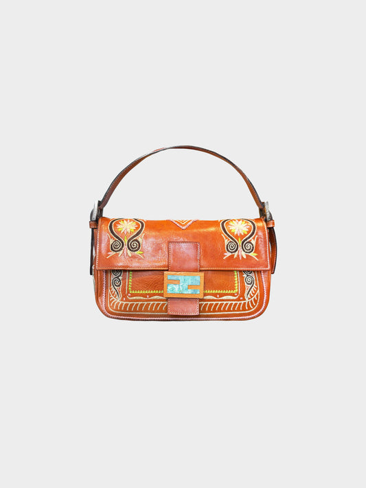Fendi 1990s Brown Leather Floral and Geometric Embroidered Baguette