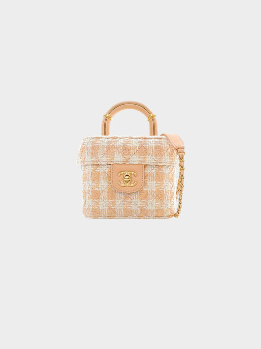 Chanel 2020s Pink and White Quilted Tweed Mini Top Handle Flap Bag