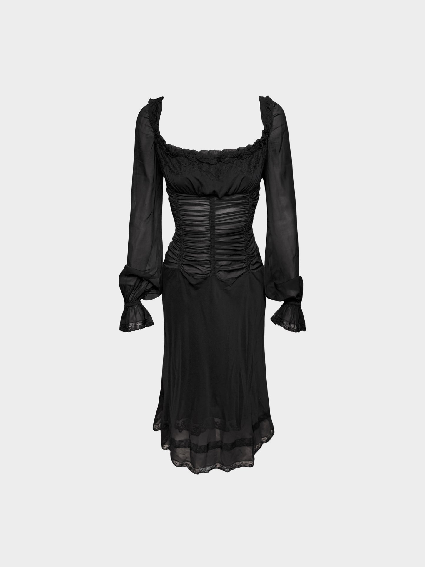 Dolce and Gabbana SS 2002 Black Silk Ruffled Long-Sleeved Runway Sample Dress