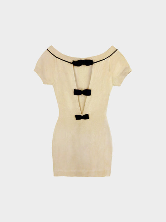 Chanel by Karl Lagerfeld SS 1985 Beige Knit Bow Mid-length Dress