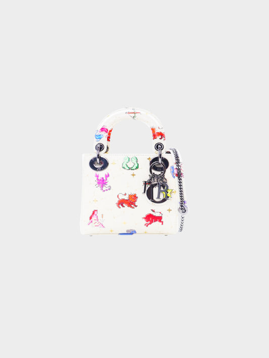 Christian Dior 2022 White and Multicolor Zodiac Pixel Print Mini Lady Dior 2-Way Hand Bag
