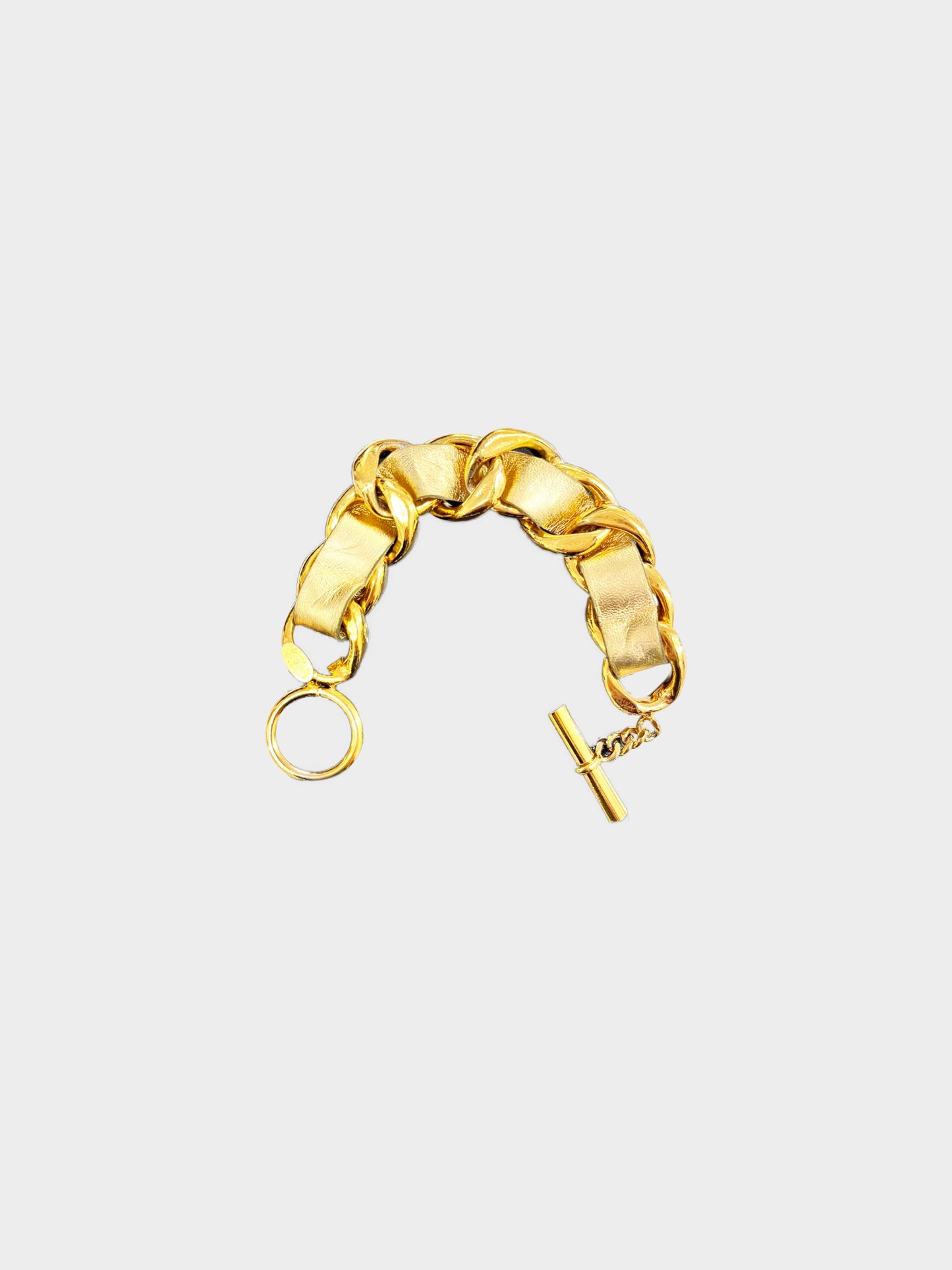 Chanel 1980s Gold Leather-Threaded Large Chain Link Bracelet