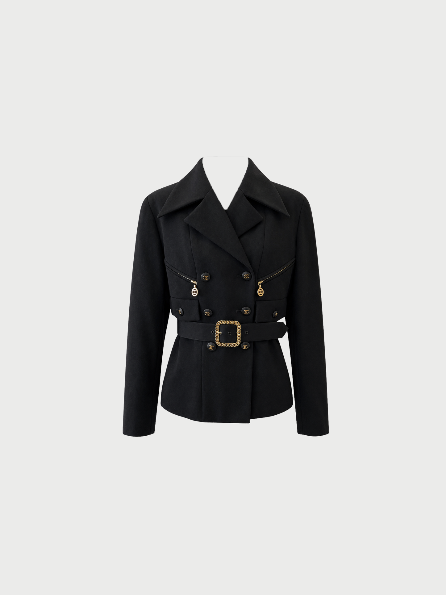 Chanel 1992 Black Wool Double Breasted Belted Jacket