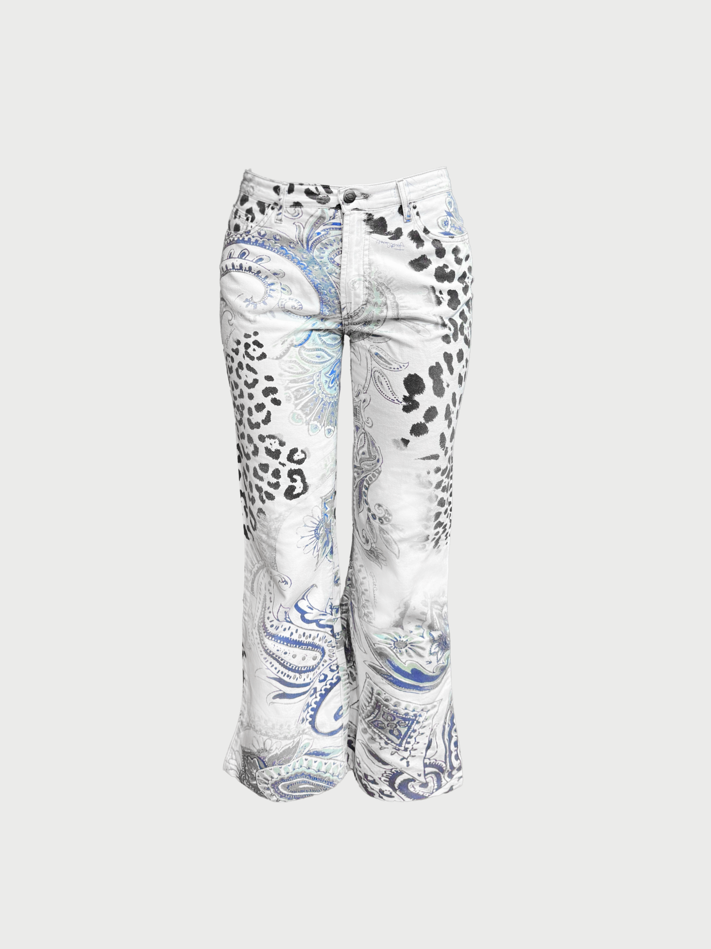Roberto Cavalli Just Cavalli SS 2004 White Blue Paisley Leopard Print Jeans