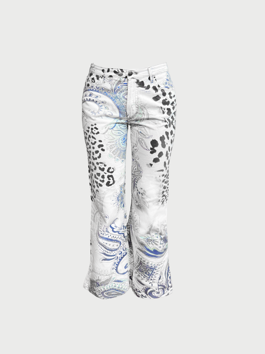 Roberto Cavalli Just Cavalli SS 2004 White Blue Paisley Leopard Print Jeans