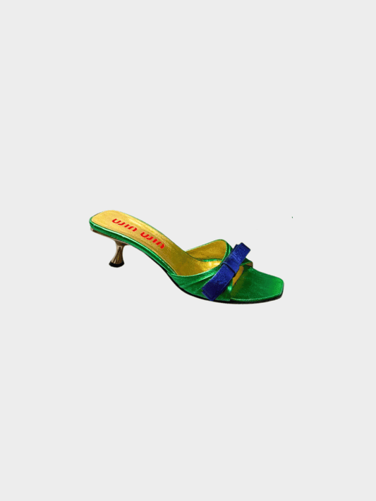Miu Miu SS 2000 Green Leather Blue Bow Kitten Heels