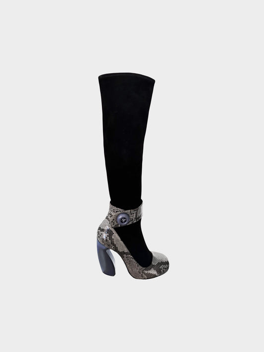 Prada FW 2011 Runway Blue Python Leather and Black Fabric Mary Jane Boots