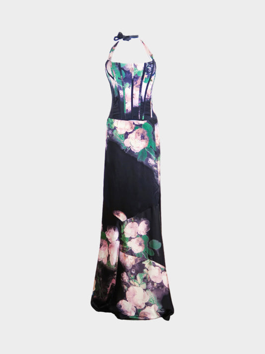Roberto Cavalli FW 2004 Floral Silk Corset and Maxi Skirt Set