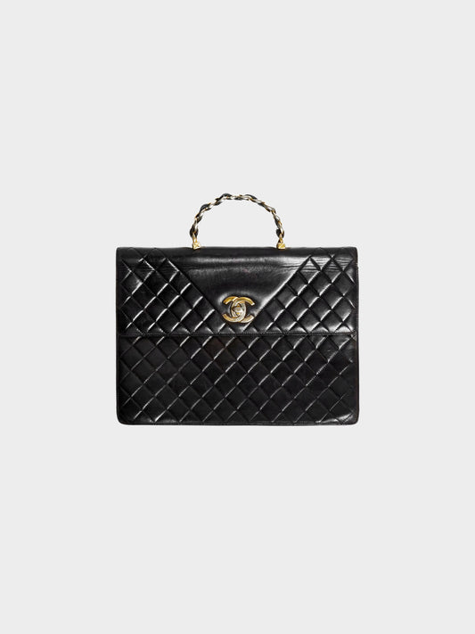 Chanel 1990s Rare Black Quilted Leather Flap Briefcase