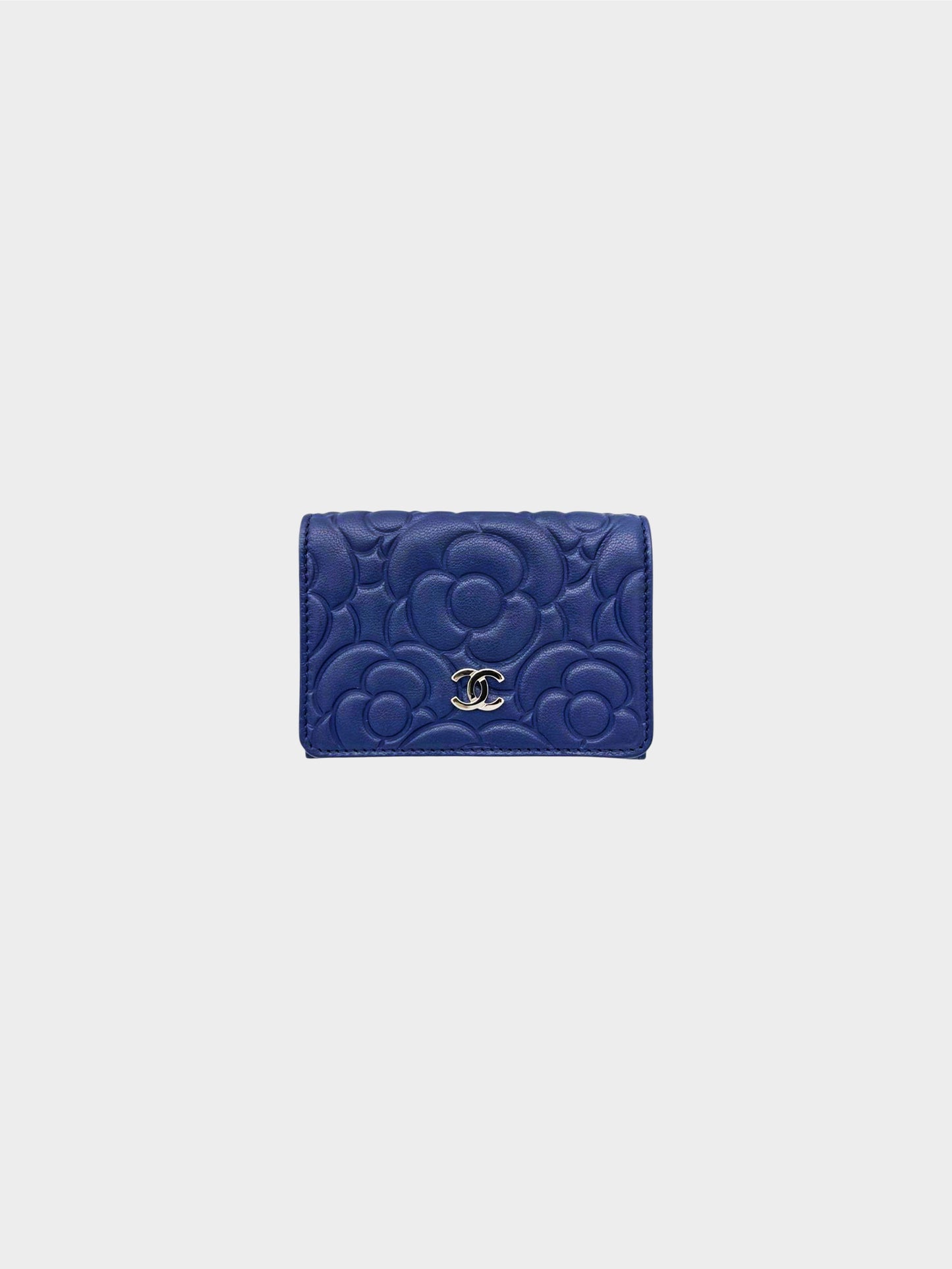 Chanel 2019 Navy Camellia Embossed Trifold Wallet