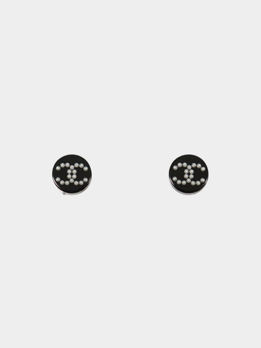 Chanel 2016 Black Plastic and Pearl COCO Round Earrings