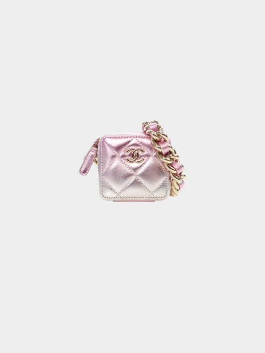 Chanel 2021 Metallic Pink Lambskin Coco Punk Mini Clutch with Chain
