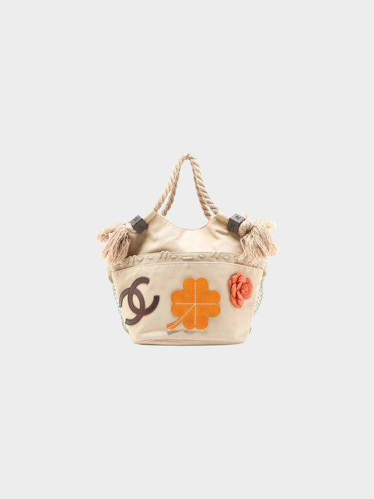 Chanel Cruise 2003-2004 Beige Canvas CC Camellia and Clover Rope Handle Tote Bag