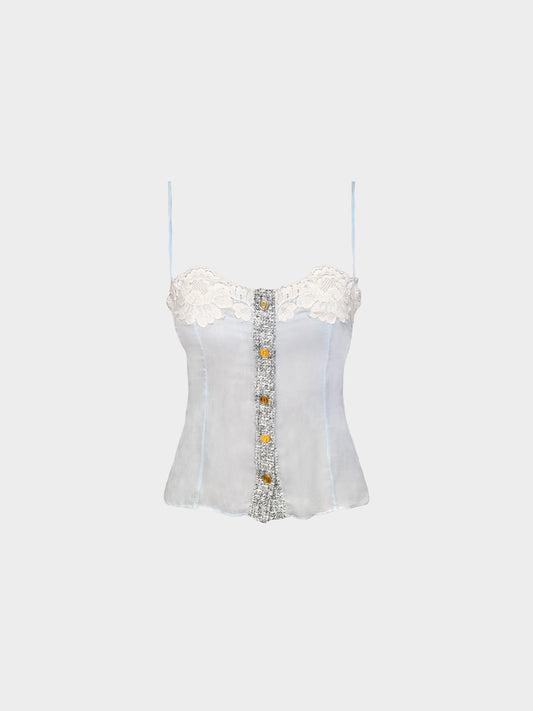 Dolce and Gabbana 2000s Blue Sheer Lace Trim Tank Top