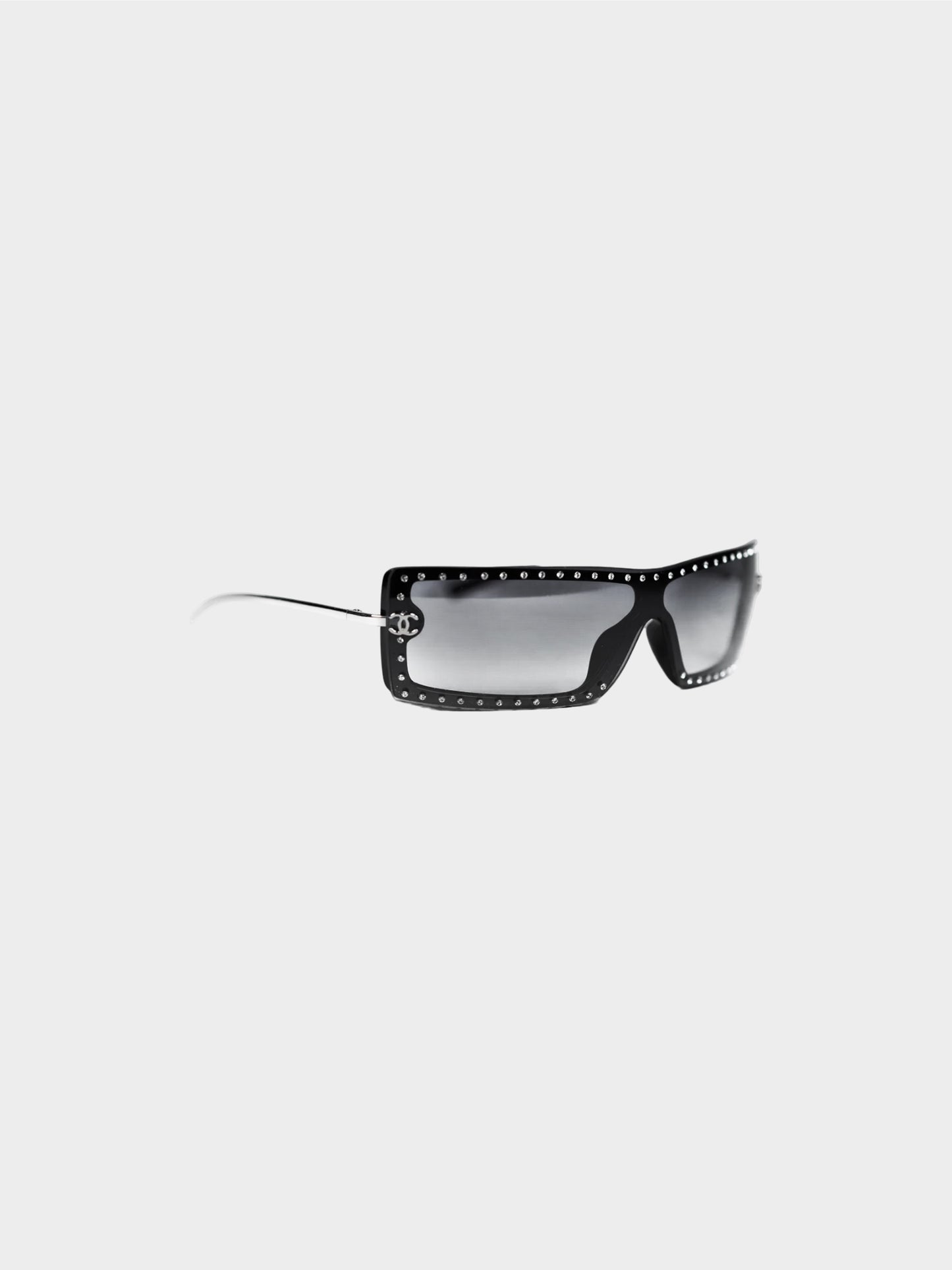 Chanel by Karl Lagerfeld 2000s Gradient Black Rectangular Rhinestone Studded Sunglasses