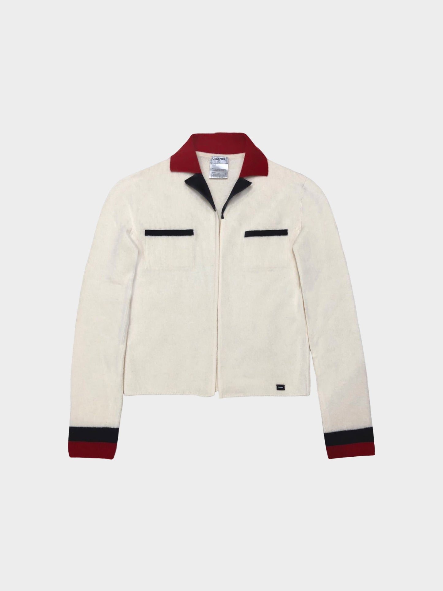 Chanel FW 2003 Off White with Black and Red Trim Cashmere Knit Cardigan
