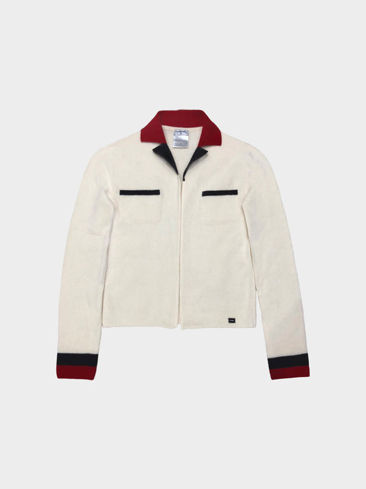 Chanel FW 2003 Off White with Black and Red Trim Cashmere Knit Cardigan