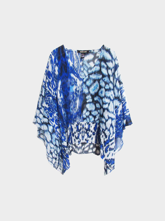 Roberto Cavalli 2010s Blue and White Animal Print Silk Poncho