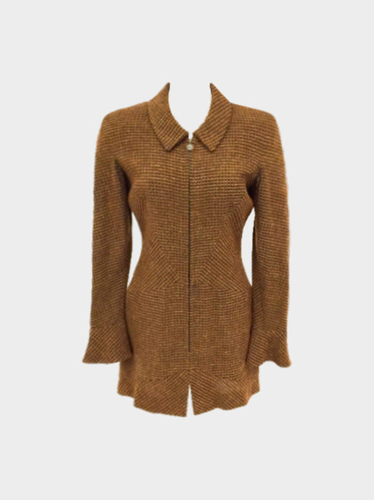 Chanel 1990s Brown Wool Blend Long Sleeve Zip Dress
