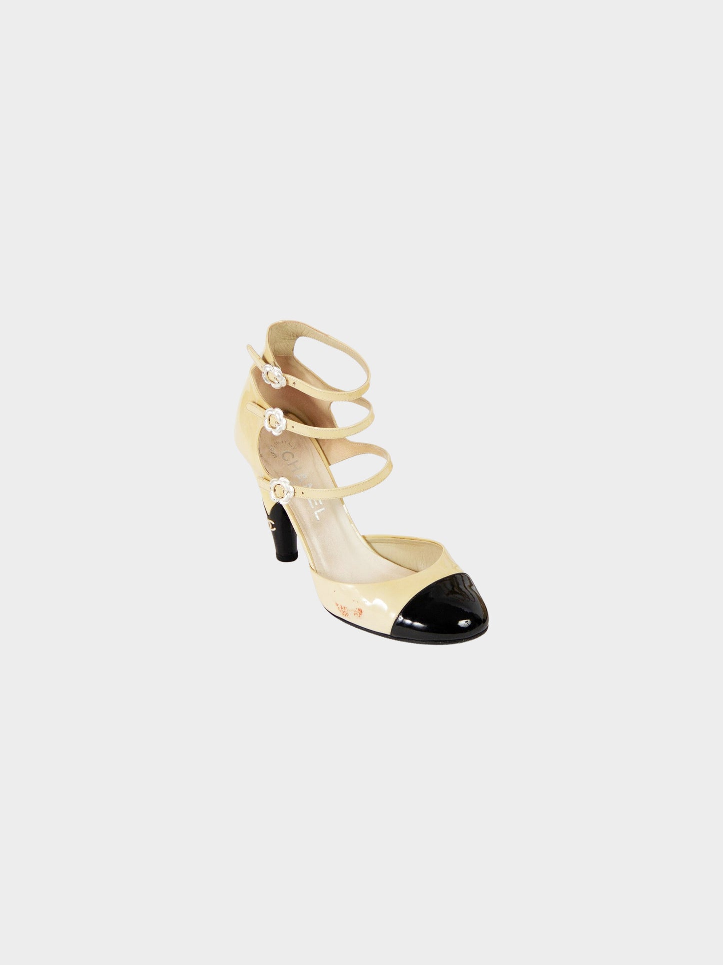 Chanel SS 2010 Black and Beige Patent Leather Strappy D'Orsay Mary Jane Pumps