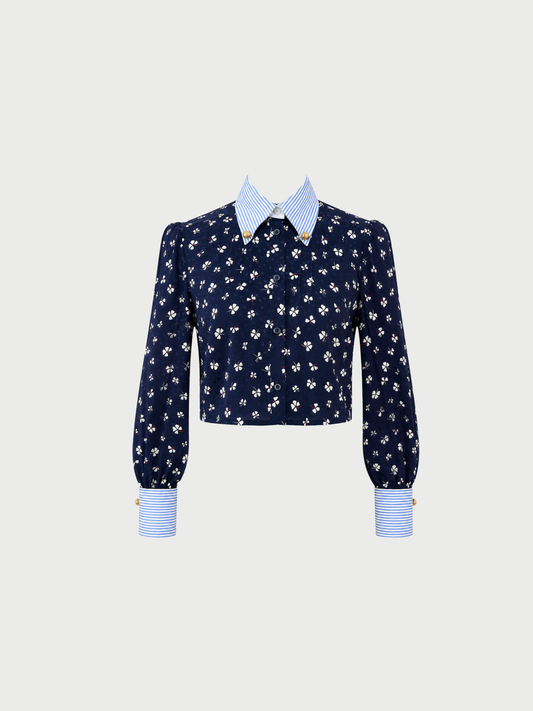 Prada 2020s Navy Silk Clover Logo Print Crop Top