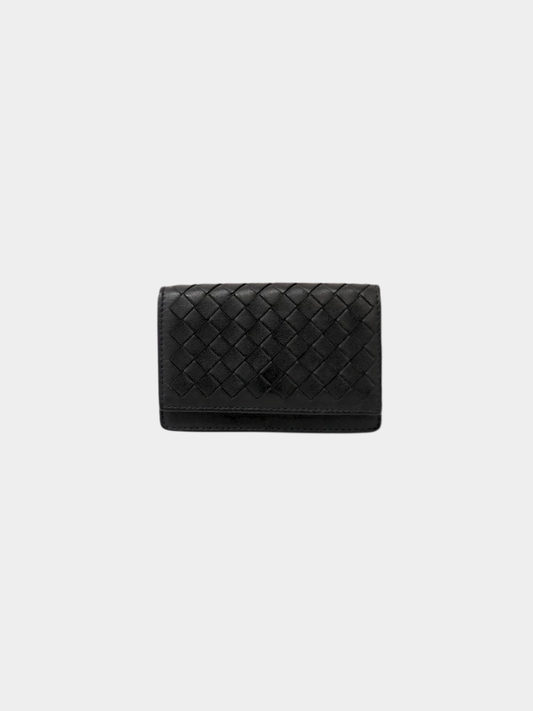 Bottega Veneta 2000s Black Intrecciato Leather Card Case