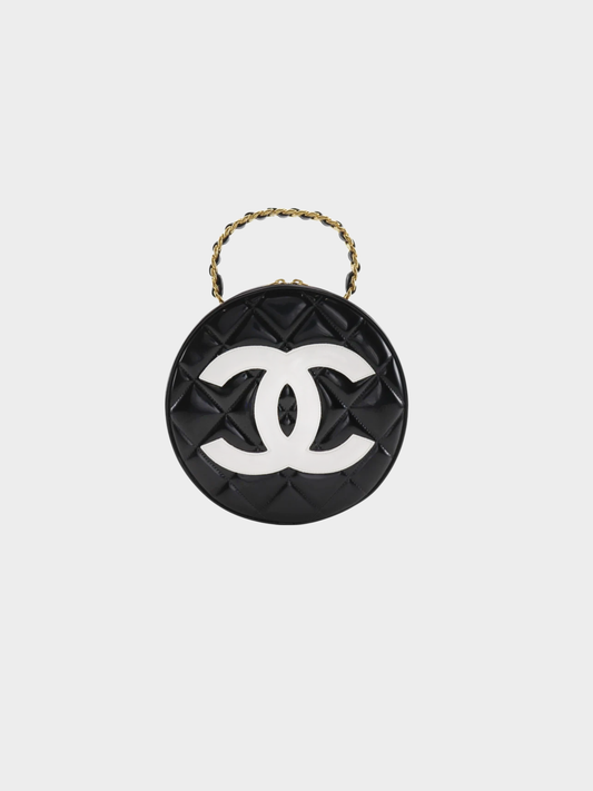 Chanel 1990s Black White Patent Leather Round Vanity Handbag