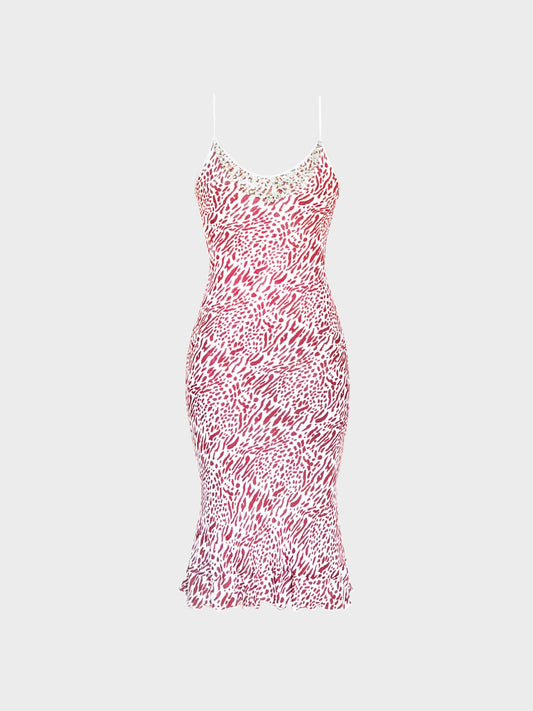Blumarine 2000s White and Red Animal Print Beadwork Rayon Dress