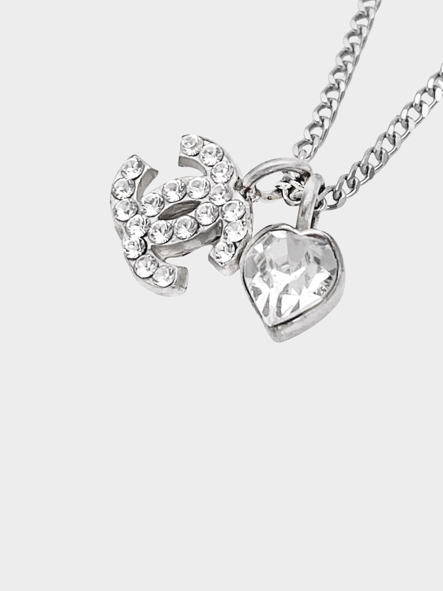 Chanel Fall 2004 Silver Crystal Mini Heart CC Necklace