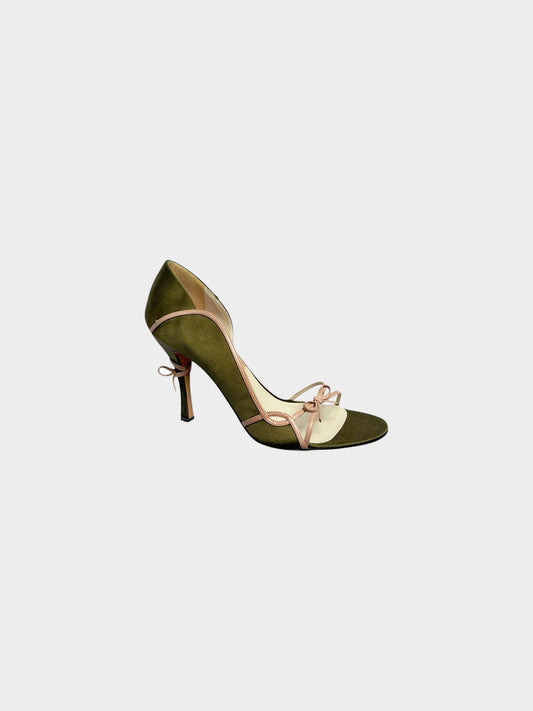 Christian Dior 2000s Khaki Satin and Leather Bow Tie Detail Heels