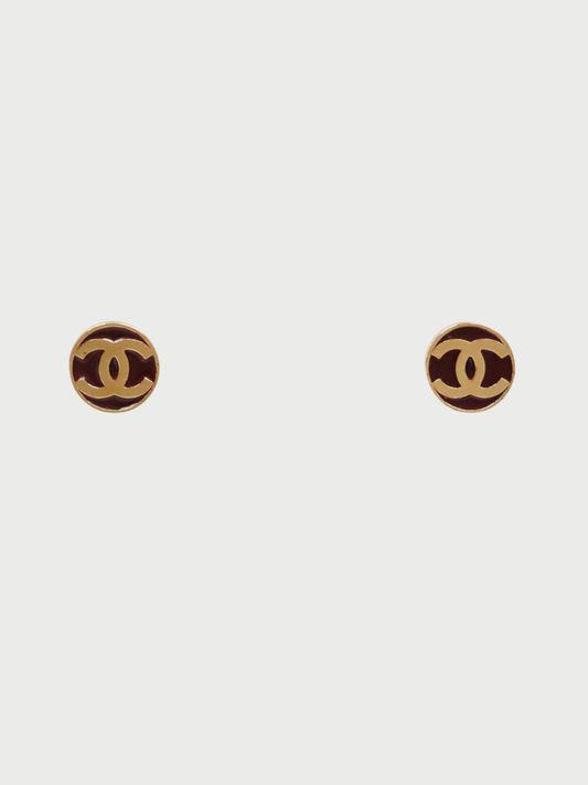 Chanel 2010s Gold Bordeaux Plated Metal COCO Round Earrings