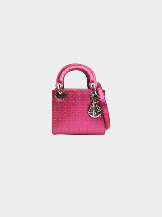 Christian Dior 2016 Metallic Pink Patent Leather Mini Lady Dior 2-Way Hand Bag