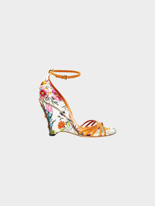 Gucci 2000s Multicolor Floral Print Satin and Brown Lizard Leather Bamboo Wedge Sandals